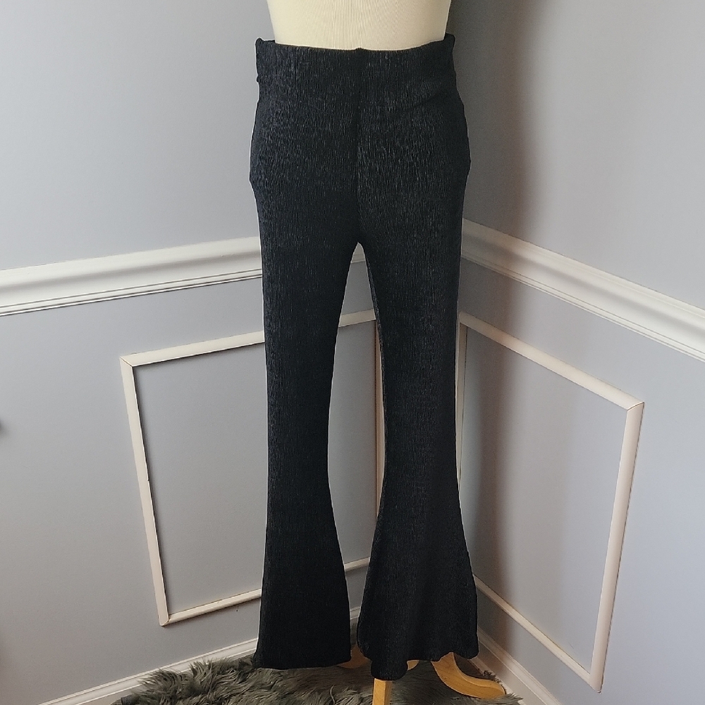 FREE PEOPLE Black Ribbed Velvet‎ Stretch Flare Bell Bottom Boho Party Club Pants